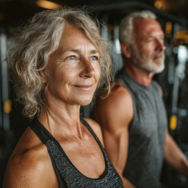 Професионален фитнес инструктор работи с възрастен клиент